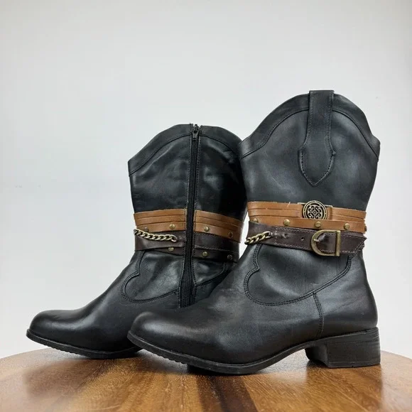 Womens Sandro Moscoloni Robin Belted Black Leather Cowboy Boots Size 7 M GUC - Picture 2 of 9